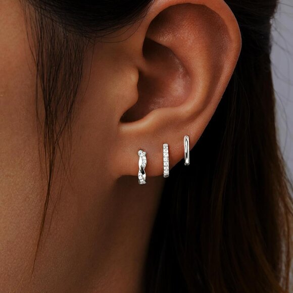 Gold Huggie Hoop Earrings Set for Women, Dainty Small Sterling Silver Earring St - Picture 2 of 9